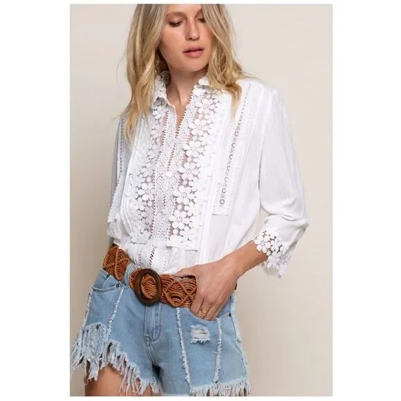 IVORY Floral Lace Mock Neck Blouse Flared Sleeves - Picture 13 of 14